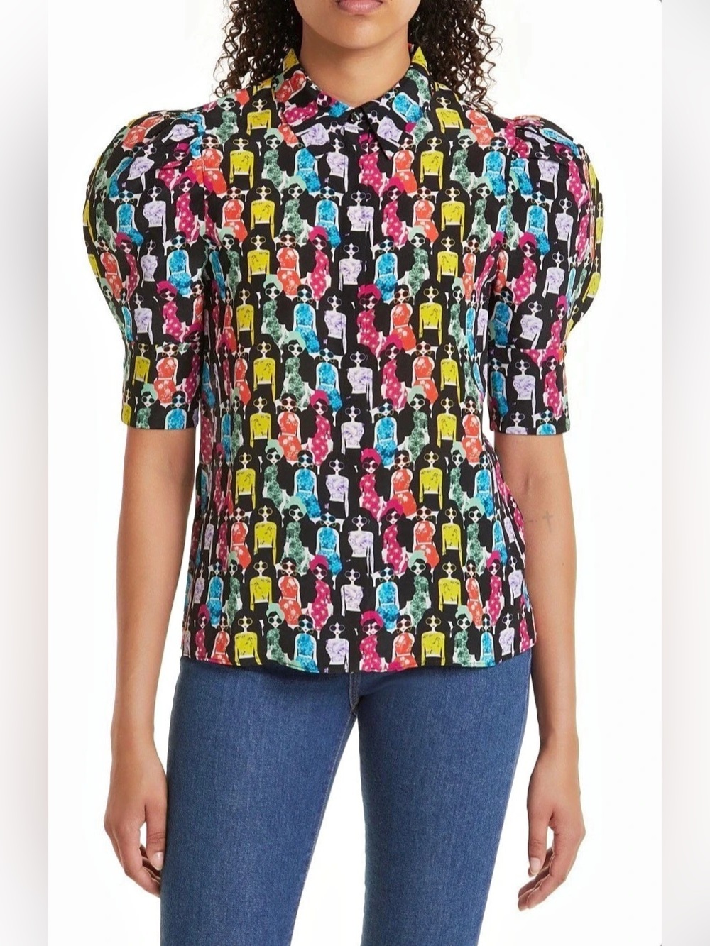 NWOT Alice + Olivia Willa Scrunched Puff Sleeve Silk Button-Up Shirt. Size XS